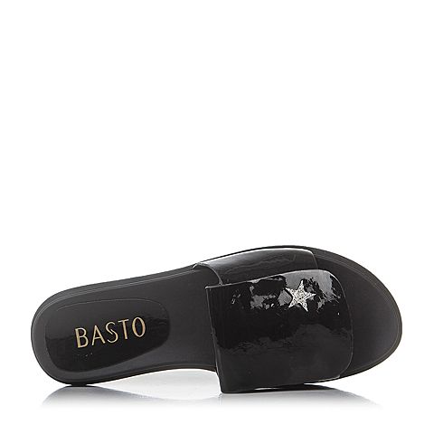 BASTO/百思图夏季黑色PU时尚休闲星星水钻舒适平跟女凉拖61918BT7