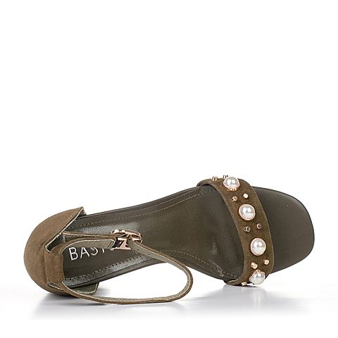 BASTO/百思图夏季专柜同款绿色羊皮珍珠通勤粗跟女皮凉鞋17B48BL7