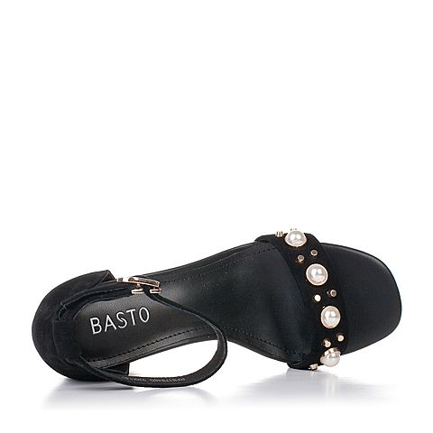 BASTO/百思图夏季专柜同款黑色羊皮珍珠通勤粗跟女皮凉鞋17B48BL7