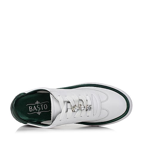 BASTO/百思图夏季浅白软面牛皮系带水钻平跟女休闲鞋YIP01BM7