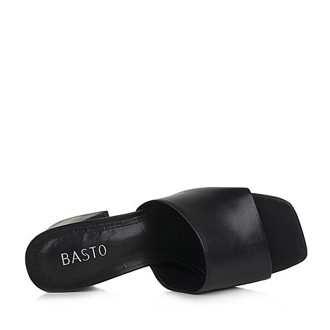 BASTO/百思图新款夏季黑色羊皮粗高跟女凉拖鞋17233BL7