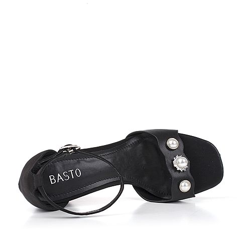 BASTO/百思图新款夏季黑色一字带女凉鞋72322BL7