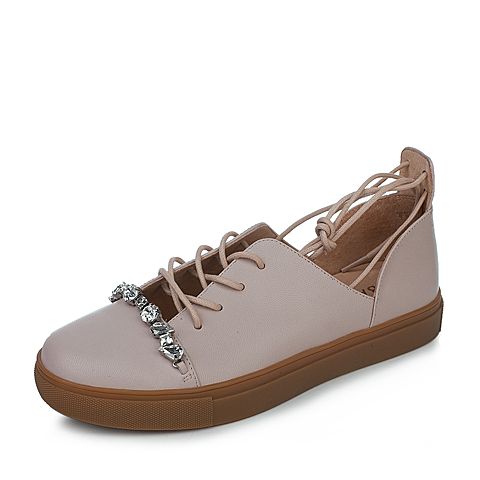 BASTO/百思图秋季新品羊皮水钻交叉绑带圆头平跟女休闲鞋TW337CM7