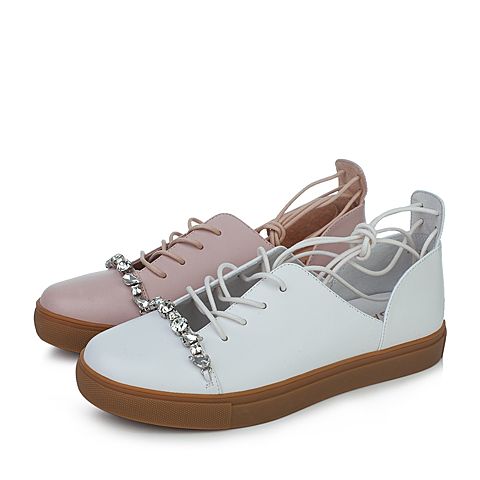 BASTO/百思图秋季新品羊皮水钻交叉绑带圆头平跟女休闲鞋TW337CM7