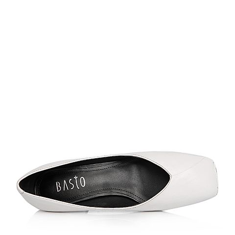BASTO/百思图2018春季专柜同款白色牛皮小V口复古方头奶奶鞋女单鞋RGC21AQ8