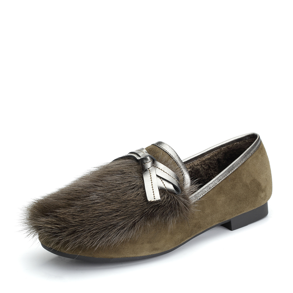 BASTO/百思图2018春季专柜同款军绿色羊皮/水貂毛蝴蝶结套脚女皮鞋FD102AQ8