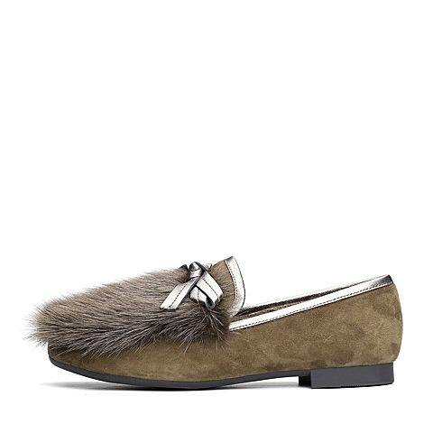 BASTO/百思图2018春季专柜同款军绿色羊皮/水貂毛蝴蝶结套脚女皮鞋FD102AQ8