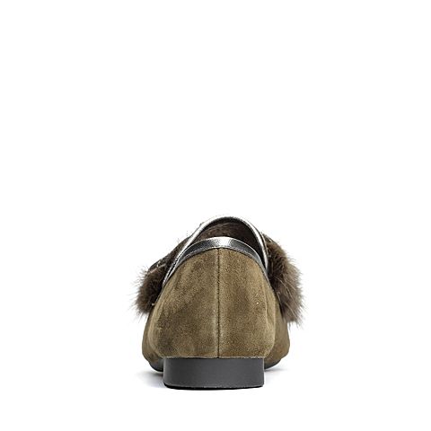 BASTO/百思图2018春季专柜同款军绿色羊皮/水貂毛蝴蝶结套脚女皮鞋FD102AQ8