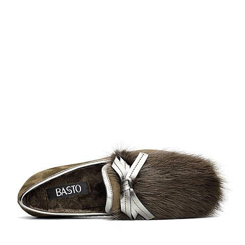 BASTO/百思图2018春季专柜同款军绿色羊皮/水貂毛蝴蝶结套脚女皮鞋FD102AQ8