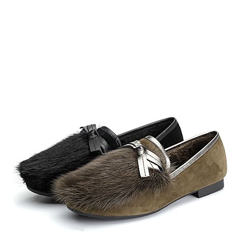 BASTO/百思图2018春季专柜同款军绿色羊皮/水貂毛蝴蝶结套脚女皮鞋FD102AQ8