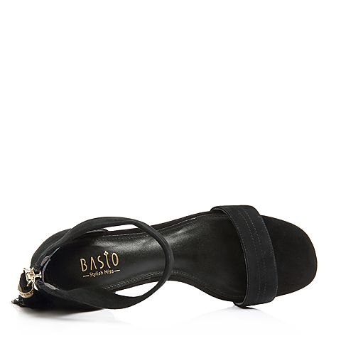 BASTO/百思图2018夏季专柜同款黑色羊绒皮革流苏粗跟女凉鞋RNM08BL8