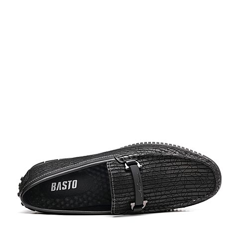 BASTO/百思图2018秋季专柜同款黑色花纹牛皮革套脚平跟男休闲鞋BIM30CM8