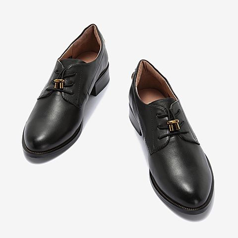 BASTO/百思图2018秋季专柜同款黑色羊皮革纯色方跟女单鞋RMD24CM8