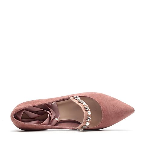 BASTO/百思图2018秋季专柜同款粉色羊皮革珍珠绑带女浅口鞋A0112CQ8