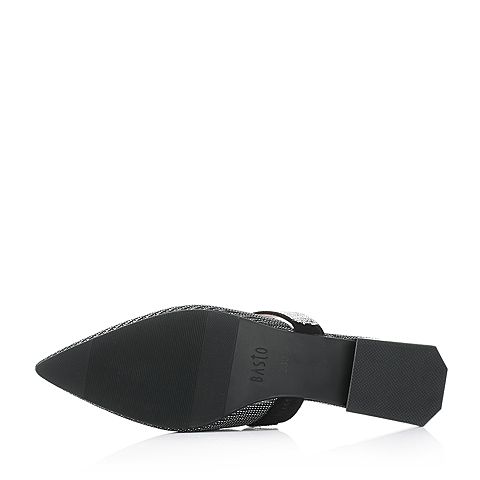 BASTO/百思图2018夏季黑银色亮线布水钻尖头穆勒鞋方跟女拖鞋RQQ02BT8