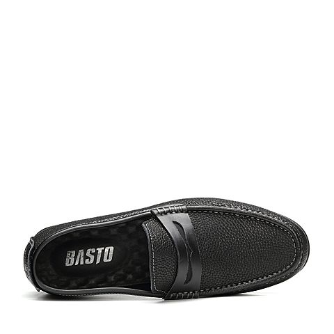 BASTO/百思图2018秋季专柜同款黑色牛皮革商务休闲套脚男皮鞋18A1BCM8