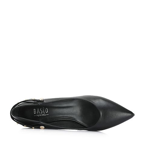 BASTO/百思图2018秋季专柜同款黑色牛皮革通勤简约尖头女单鞋A8901CQ8