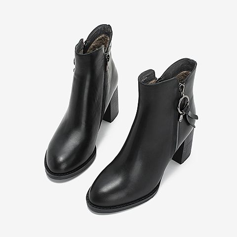 BASTO/百思图2018冬季专柜同款黑色牛皮革粗跟女皮靴短靴RAR54DD8