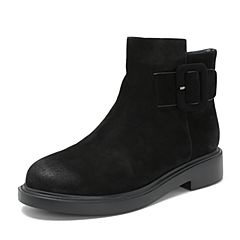 BASTO/百思图2018冬季专柜同款黑色牛皮革侧拉链方跟女皮靴短靴DD708DD8