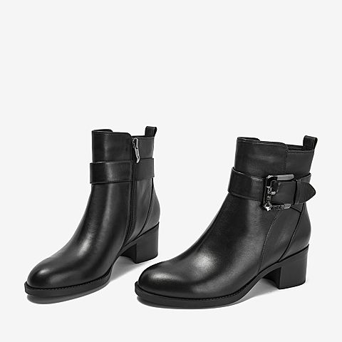 BASTO/百思图2018冬季专柜同款黑色牛皮革粗跟女短靴HD360DD8
