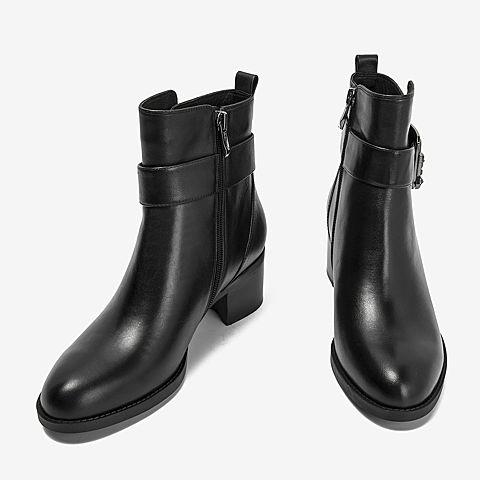 BASTO/百思图2018冬季专柜同款黑色牛皮革粗跟女短靴HD360DD8