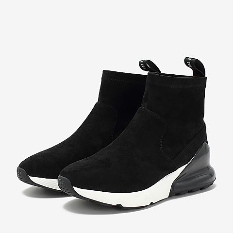 BASTO/百思图2018冬季专柜同款黑色植绒布休闲坡跟套筒女短靴YWA07DD8
