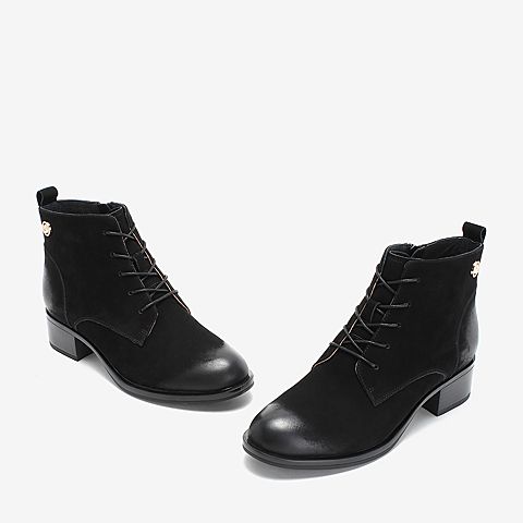 BASTO/百思图2018冬季专柜同款黑色牛皮革系带方跟女皮靴短靴YWR02DD8