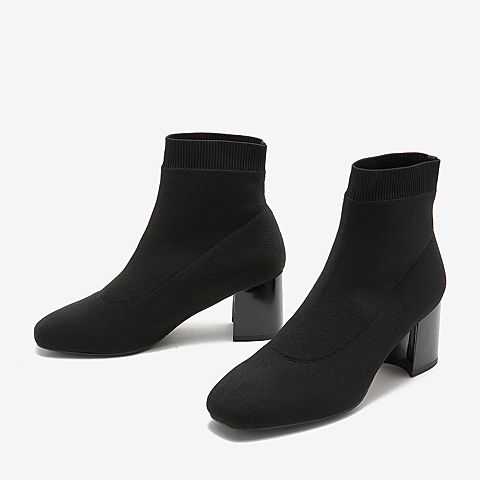 BASTO/百思图2018冬季黑色针织布纯色方头粗跟女短靴袜靴RPT40DD8