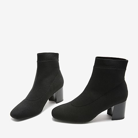 BASTO/百思图2018冬季黑色针织布纯色方头粗跟女短靴袜靴RPT40DD8