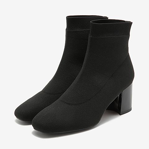 BASTO/百思图2018冬季黑色针织布纯色方头粗跟女短靴袜靴RPT40DD8