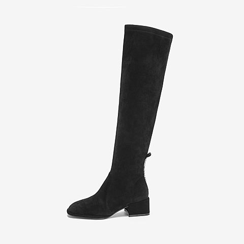 BASTO/百思图2018冬季黑色羊皮革字母休闲方跟女皮靴长靴A0156DG8