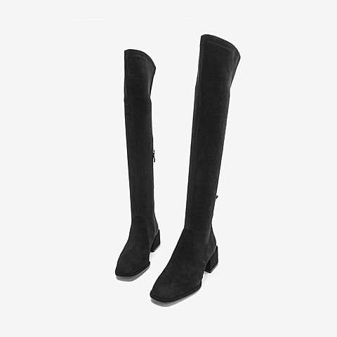 BASTO/百思图2018冬季黑色羊皮革字母休闲方跟女皮靴长靴A0156DG8