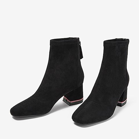 BASTO/百思图2018冬季专柜同款纺织品后拉链粗跟女皮袜靴A4201DD8