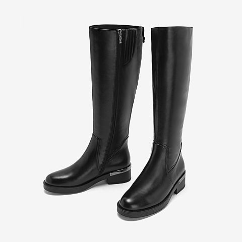 BASTO/百思图2018冬季专柜同款黑色侧拉链长靴女皮靴AC301DG8
