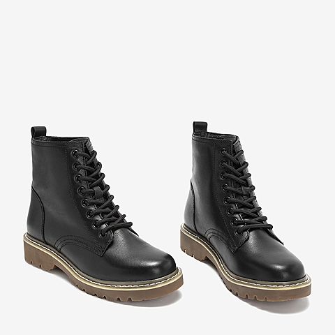 BASTO/百思图2018冬季专柜同款黑色牛皮革马丁靴女皮靴YYK02DD8