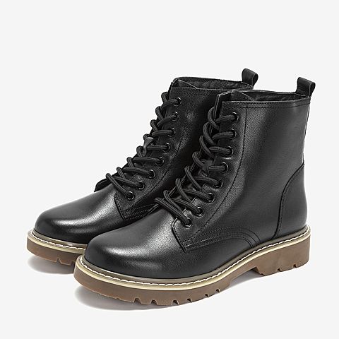 BASTO/百思图2018冬季专柜同款黑色牛皮革马丁靴女皮靴YYK02DD8