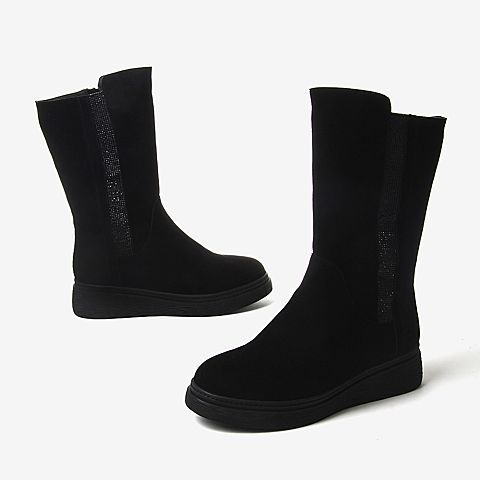BASTO/百思图2018冬季专柜同款黑色水钻坡跟女中靴YVG02DZ8