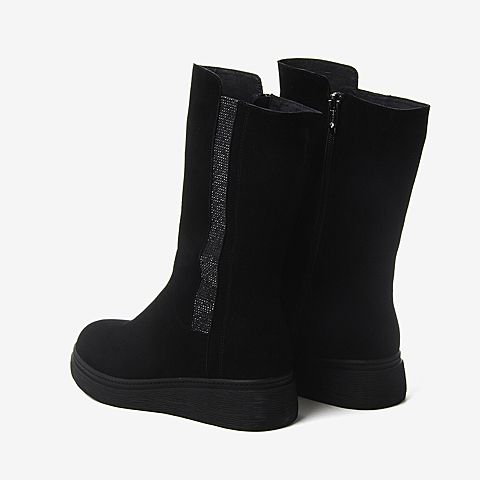BASTO/百思图2018冬季专柜同款黑色水钻坡跟女中靴YVG02DZ8