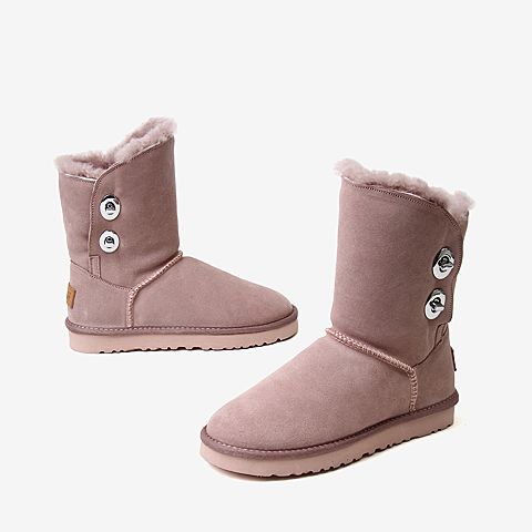 BASTO/百思图2018冬季粉色牛剖层皮革平跟雪地靴中筒女靴AG868DZ8