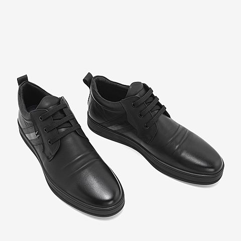 BASTO/百思图2018冬季专柜同款黑色牛皮革系带平跟男休闲鞋Q201EDD8