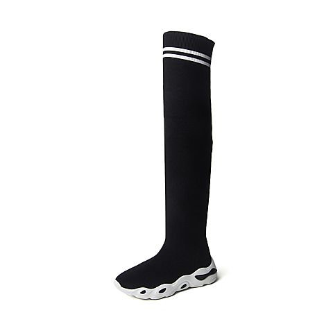 BASTO/百思图2018冬季黑色纺织物条纹休闲女长靴袜靴ZAK02DG8