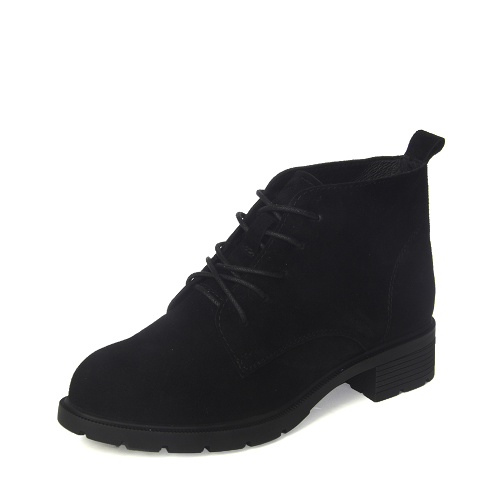 BASTO/百思图2018年冬季黑色系带纯色方跟女皮靴短靴YD107DD8
