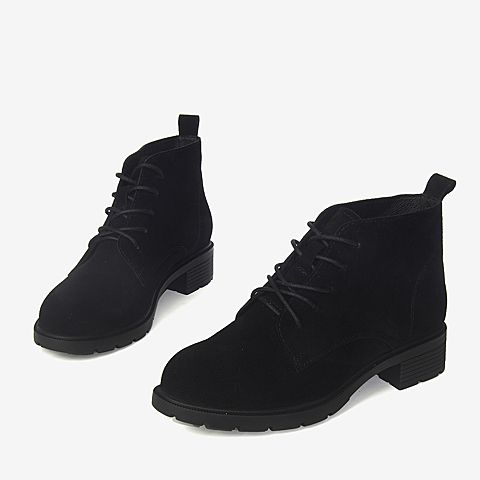 BASTO/百思图2018年冬季黑色系带纯色方跟女皮靴短靴YD107DD8