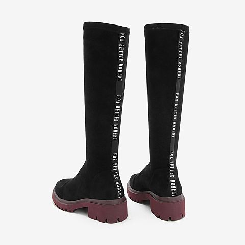 BASTO/百思图2018冬季专柜同款黑色植绒布字母弹力长靴休闲女靴ZBJ01DG8