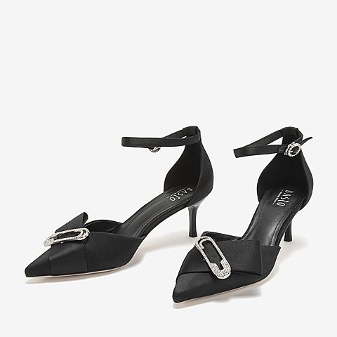 BASTO/百思图夏季专柜同款黑色真丝布水钻优雅细跟女凉鞋RRJ09BK9