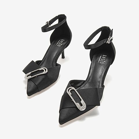 BASTO/百思图夏季专柜同款黑色真丝布水钻优雅细跟女凉鞋RRJ09BK9