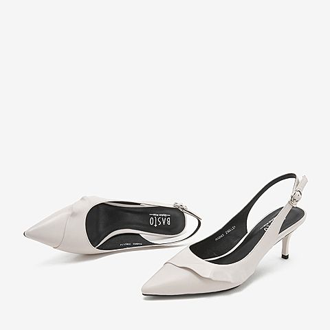 BASTO/百思图夏季专柜同款白色牛皮革花边细跟优雅女凉鞋RAB63BH9