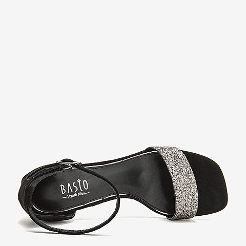 BASTO/百思图夏季专柜同款银黑/黑色亮片布休闲女凉鞋RNK25BL9