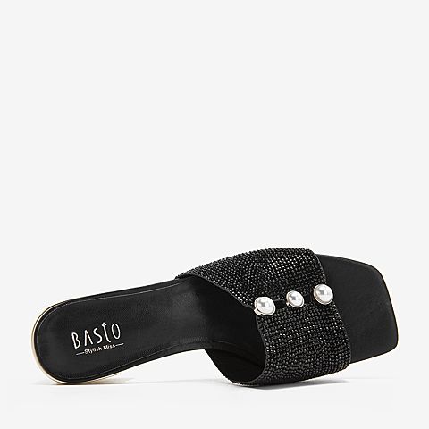 BASTO/百思图夏季专柜同款黑色软面羊皮革休闲女皮凉鞋WAV04BL9
