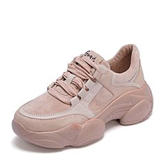 BASTO/百思图2019春季专柜同款粉色人造革/纺织品系带拼色坡跟女休闲鞋老爹鞋AS258AM9